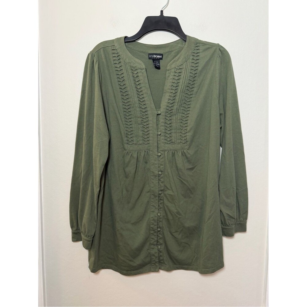 Lane Bryant Olive Green Pintuck Button Front Tunic Top Size 14/16W